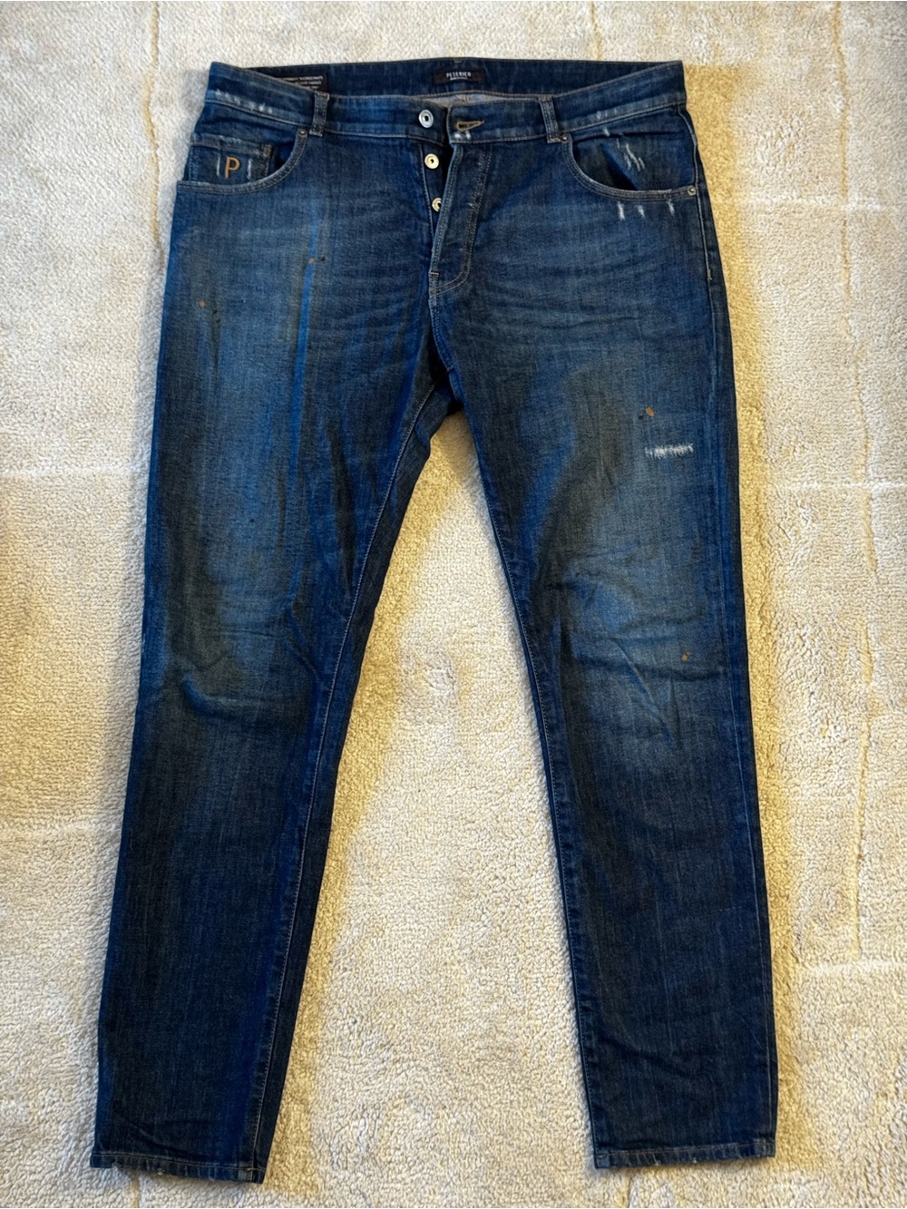 Peserico Men’s Slim Straight Jeans, lightly distressed in Dark Blue Wash